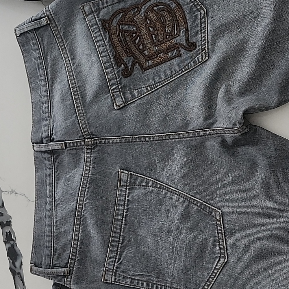 BURBERRY SWAINE Tapered Leg Jeans Men Gray Button Fly 33x30 Logo Embroidered